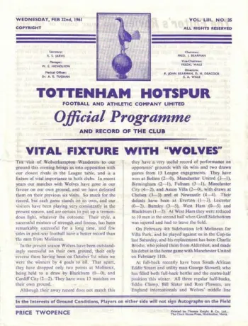 Spurs v Wolverhampton Wanderers (22 Feb 1961) Programme