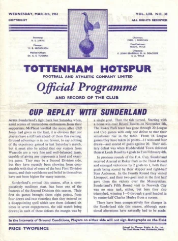 Spurs v Sunderland AFC (08 Mar 1961) Programme