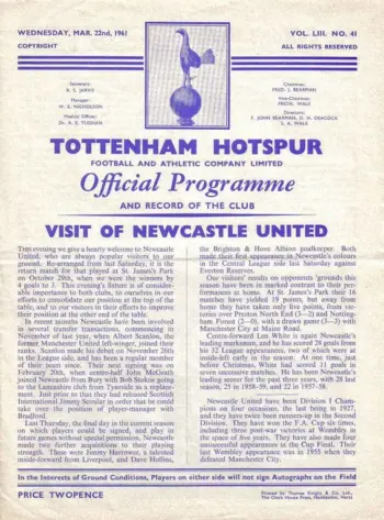 Spurs v Newcastle United (22 Mar 1961) Programme