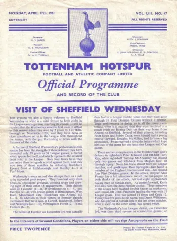 Spurs v Sheffield Wednesday (17 Apr 1961) Programme