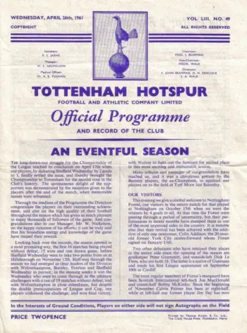 Spurs v Nottingham Forest (26 Apr 1961) Programme