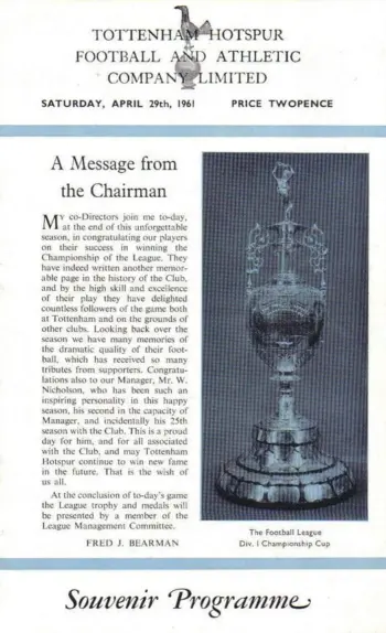 Spurs v West Bromwich Albion (29 Apr 1961) Programme