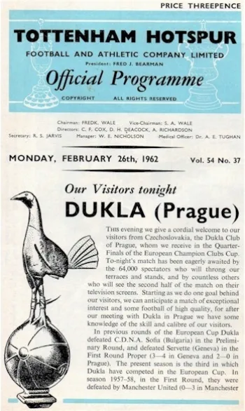 Spurs v Dukla Praha (26 Feb 1962) Programme