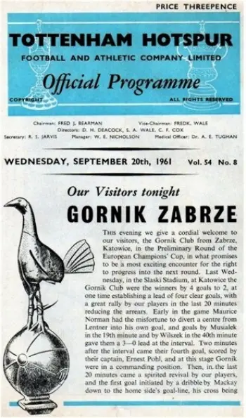 Spurs v Górnik Zabrze (20 Sep 1961) Programme