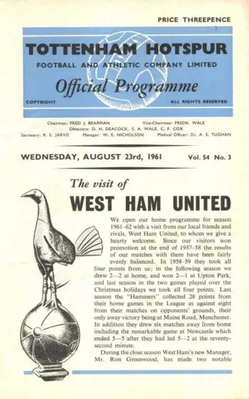 Spurs v West Ham United (23 Aug 1961) Programme