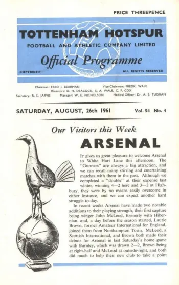 Spurs v Arsenal FC (26 Aug 1961) Programme