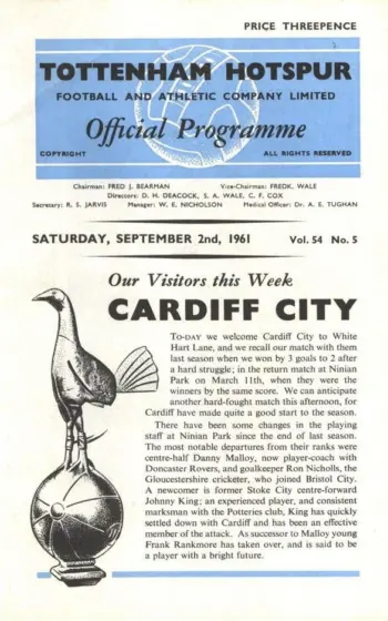 Spurs v Cardiff City (02 Sep 1961) Programme