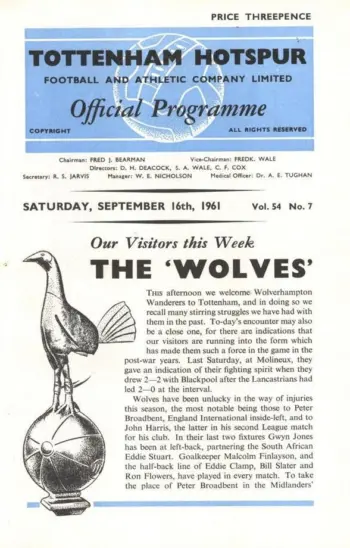 Spurs v Wolverhampton Wanderers (16 Sep 1961) Programme