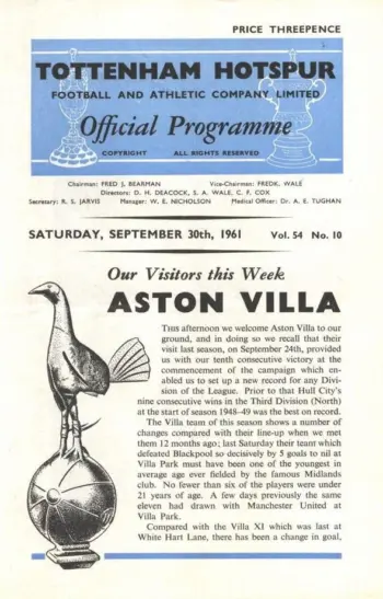Spurs v Aston Villa (30 Sep 1961) Programme