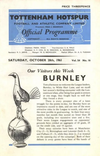 Spurs v Burnley FC (28 Oct 1961) Programme