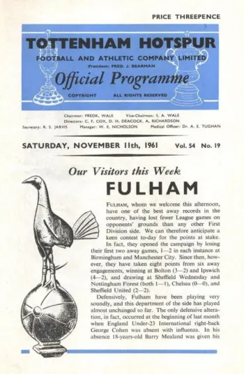 Spurs v Fulham FC (11 Nov 1961) Programme