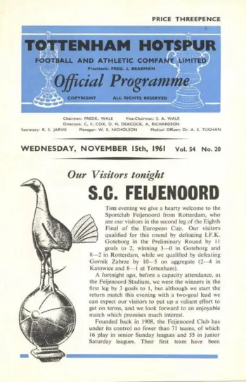 Spurs v Feyenoord (15 Nov 1961) Programme