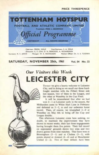 Spurs v Leicester City (25 Nov 1961) Programme