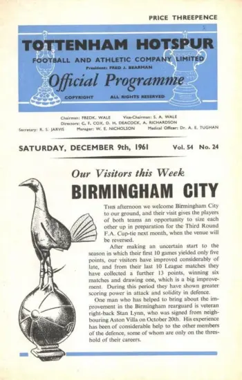 Spurs v Birmingham City (09 Dec 1961) Programme