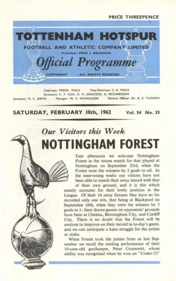 Spurs v Nottingham Forest (10 Feb 1962) Programme