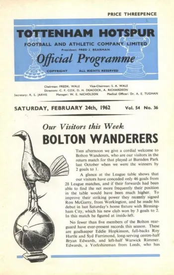 Spurs v Bolton Wanderers (24 Feb 1962) Programme