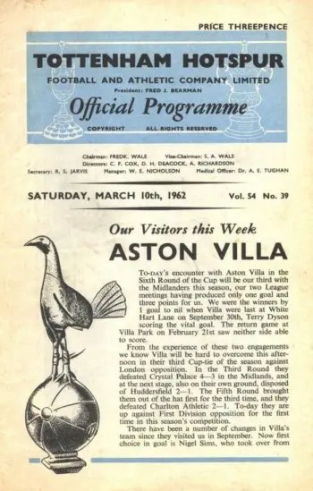 Spurs v Aston Villa (10 Mar 1962) Programme