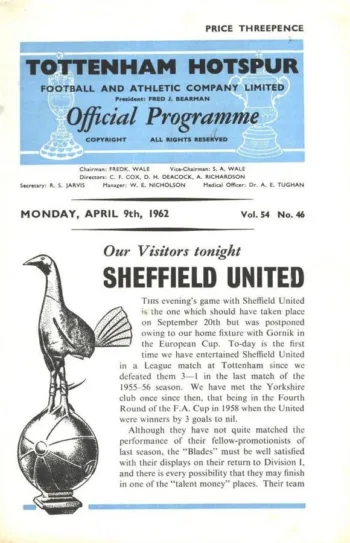 Spurs v Sheffield United (09 Apr 1962) Programme