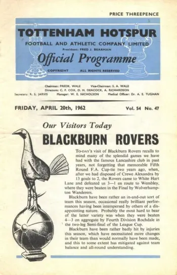 Spurs v Blackburn Rovers (20 Apr 1962) Programme