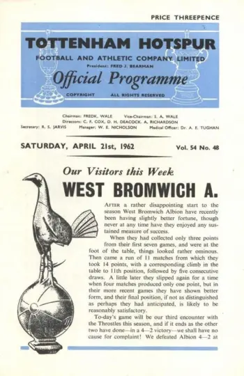 Spurs v West Bromwich Albion (21 Apr 1962) Programme