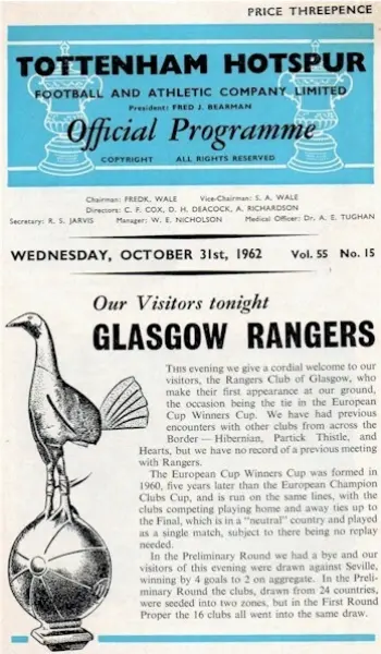 Spurs v Rangers FC (31 Oct 1962) Programme