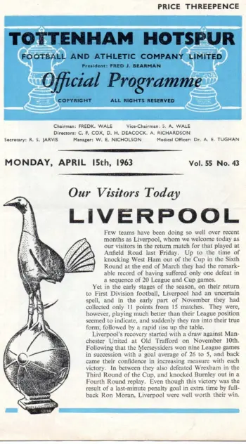 Spurs v Liverpool FC (15 Apr 1963) Programme