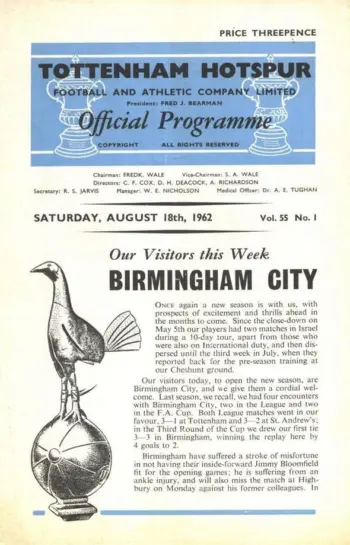 Spurs v Birmingham City (18 Aug 1962) Programme