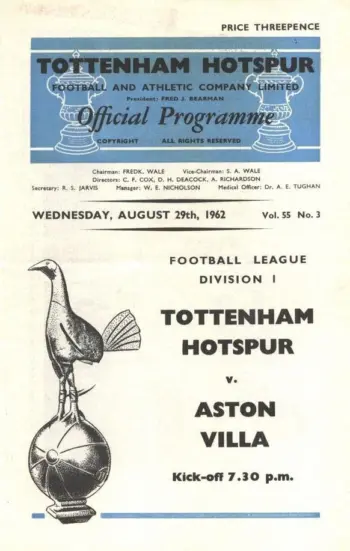 Spurs v Aston Villa (29 Aug 1962) Programme