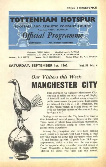 Spurs v Manchester City (01 Sep 1962) Programme