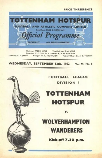 Spurs v Wolverhampton Wanderers (12 Sep 1962) Programme