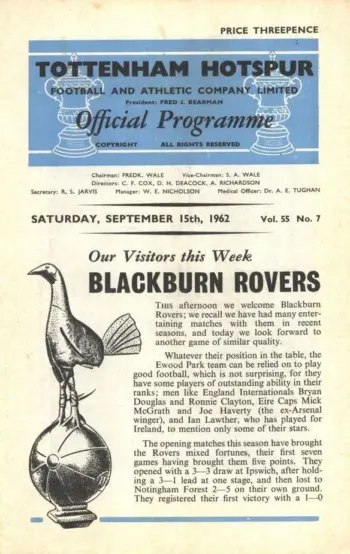 Spurs v Blackburn Rovers (15 Sep 1962) Programme