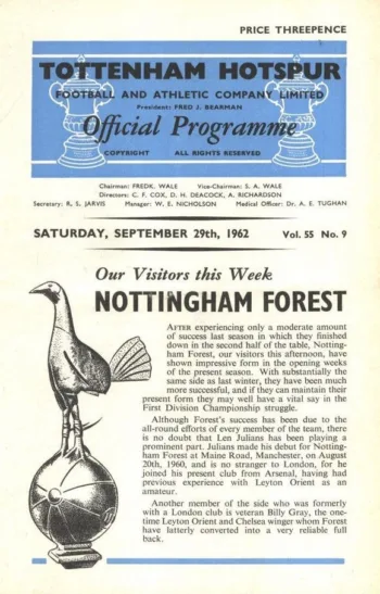 Spurs v Nottingham Forest (29 Sep 1962) Programme