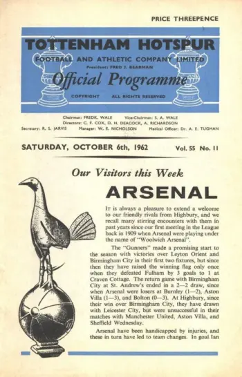 Spurs v Arsenal FC (06 Oct 1962) Programme