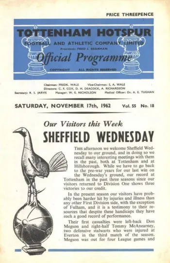 Spurs v Sheffield Wednesday (17 Nov 1962) Programme