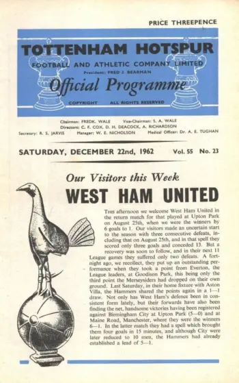 Spurs v West Ham United (22 Dec 1962) Programme