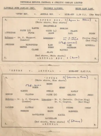 Spurs v Arsenal FC (26 Jan 1963) Programme