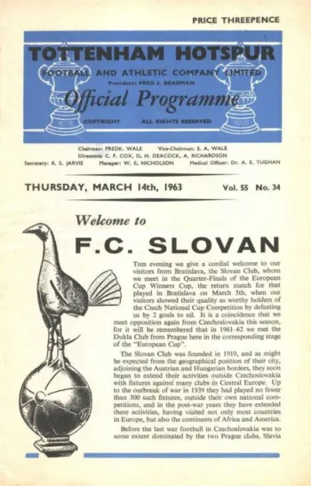 Spurs v Slovan Bratislava (14 Mar 1963) Programme