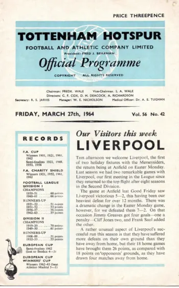 Spurs v Liverpool FC (27 Mar 1964) Programme