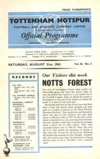 Spurs v Nottingham Forest (31 Aug 1963) Programme