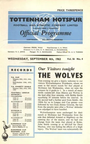 Spurs v Wolverhampton Wanderers (04 Sep 1963) Programme