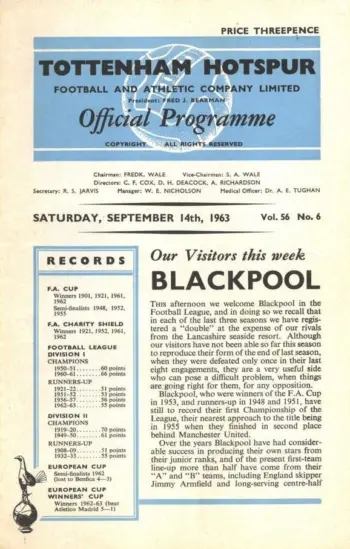 Spurs v Blackpool FC (14 Sep 1963) Programme
