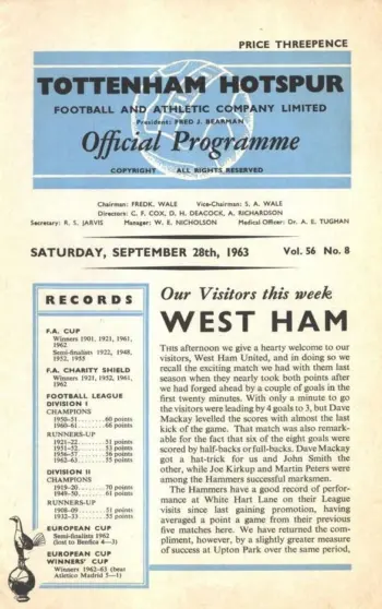 Spurs v West Ham United (28 Sep 1963) Programme