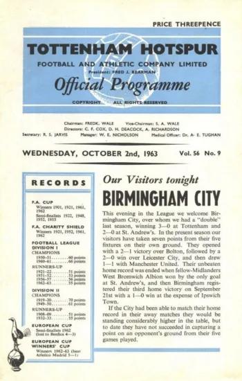 Spurs v Birmingham City (02 Oct 1963) Programme