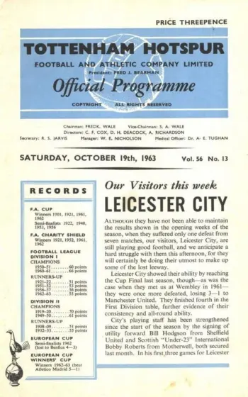 Spurs v Leicester City (19 Oct 1963) Programme