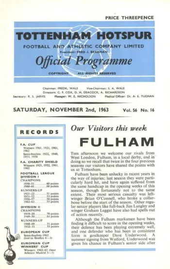 Spurs v Fulham FC (02 Nov 1963) Programme