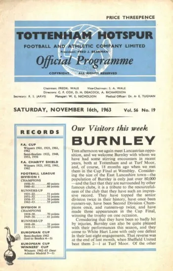 Spurs v Burnley FC (16 Nov 1963) Programme