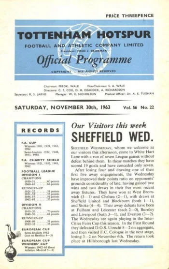 Spurs v Sheffield Wednesday (30 Nov 1963) Programme