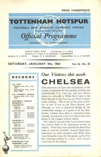 Spurs v Chelsea FC (04 Jan 1964) Programme
