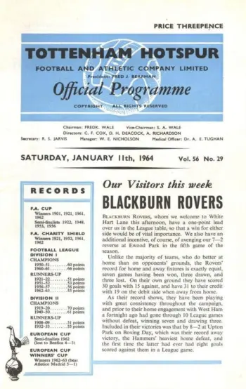 Spurs v Blackburn Rovers (11 Jan 1964) Programme