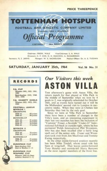Spurs v Aston Villa (25 Jan 1964) Programme